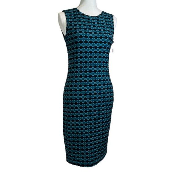 NWT Calvin Klein Stretchy Dress Black and Aqua Geometric Print Lined 2 Back Zip - Picture 1 of 11